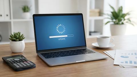 laptop screen shows a software update in progress